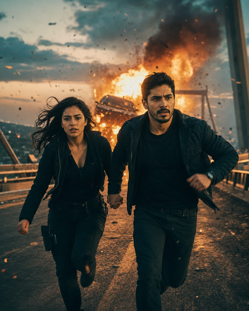 Universo Acción de película: pareja corriendo en un puente con una explosión detrás