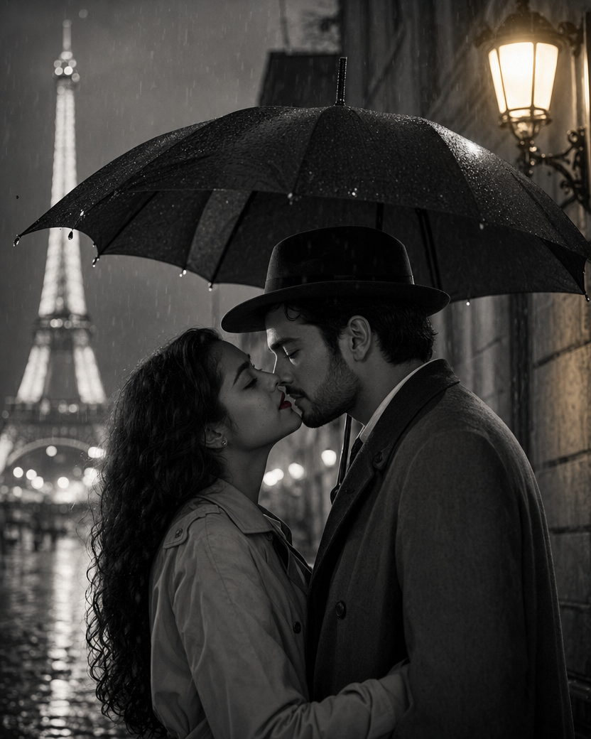 Universo Romance de cine clásico: pareja bajo la lluvia en París en blanco y negro