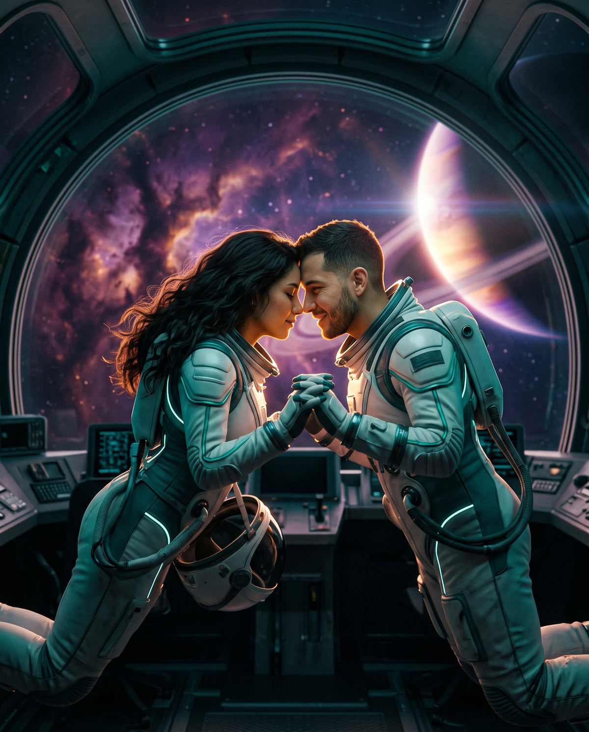 Universo Viaje espacial: pareja flotando en una nave frente a una nebulosa
