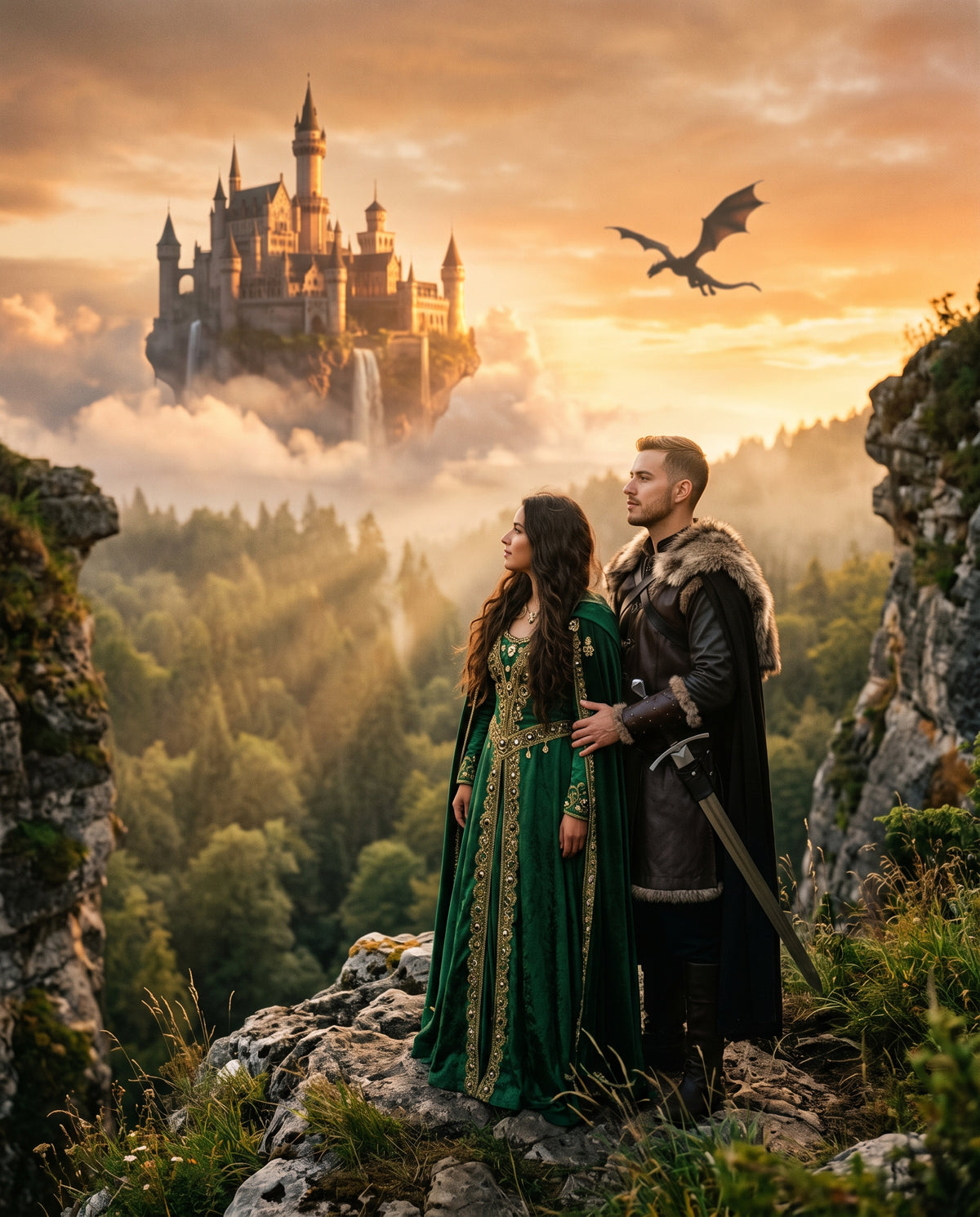 Universo Cuento de hadas: pareja frente a un castillo flotante y un dragón al atardecer
